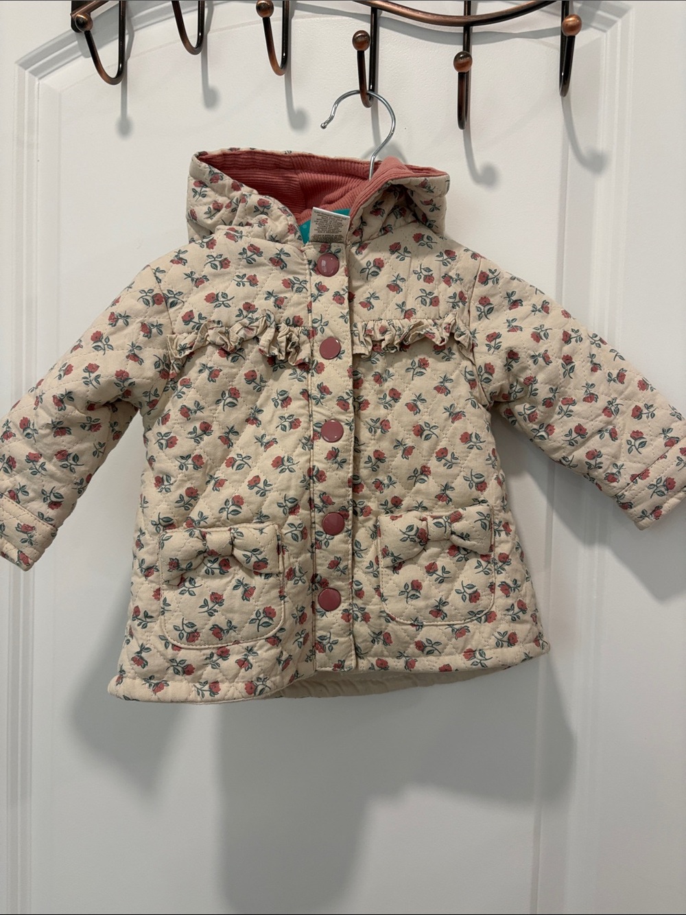 Girls' Quilted Floral Hooded Puffer Jacket - Cream with Pink Floral